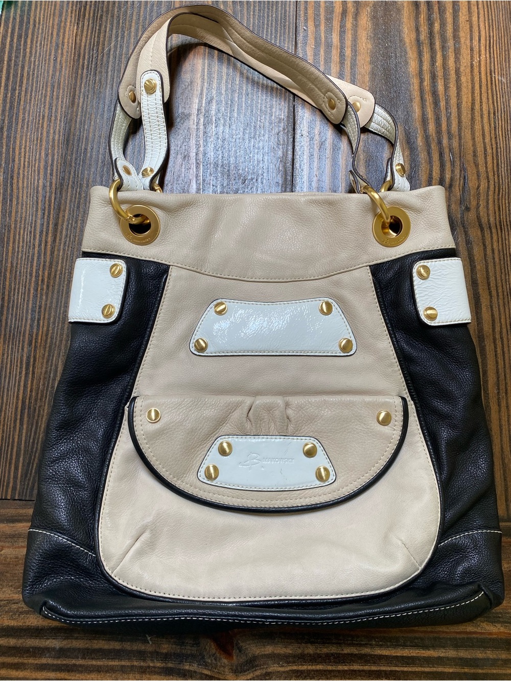 Vintage B. Makowsky Colorblock Leather Shoulder Bag Gold Studded - Picture 1 of 7